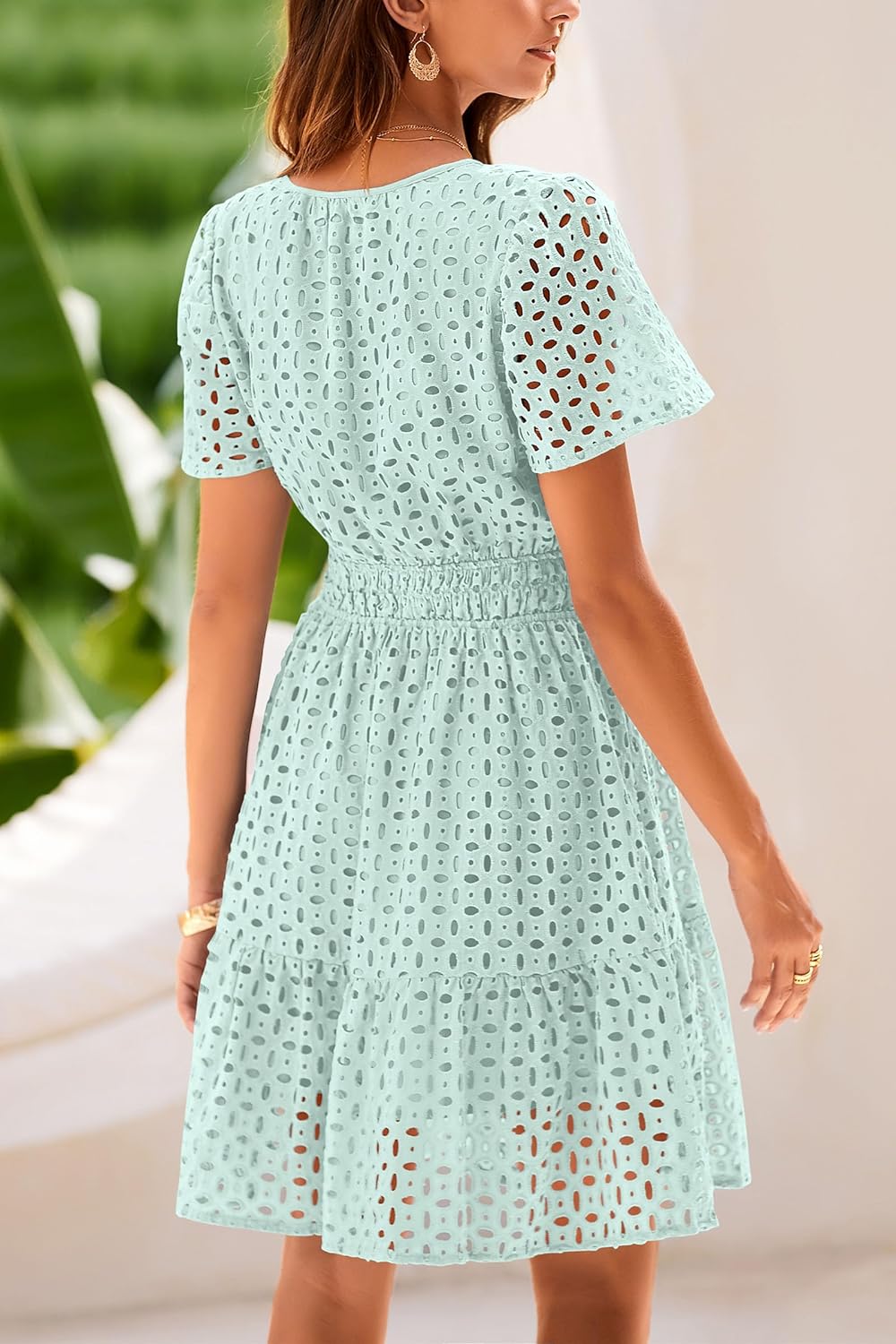 PRETTYGARDEN 2025 Women Summer Short Dress V Neck Short Sleeve A Line Hollow Out Lace Ruffle Cute Casual Beach Party Dresses