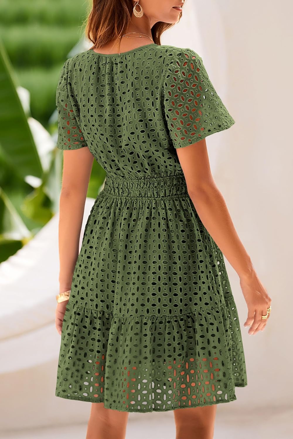 PRETTYGARDEN 2025 Women Summer Short Dress V Neck Short Sleeve A Line Hollow Out Lace Ruffle Cute Casual Beach Party Dresses