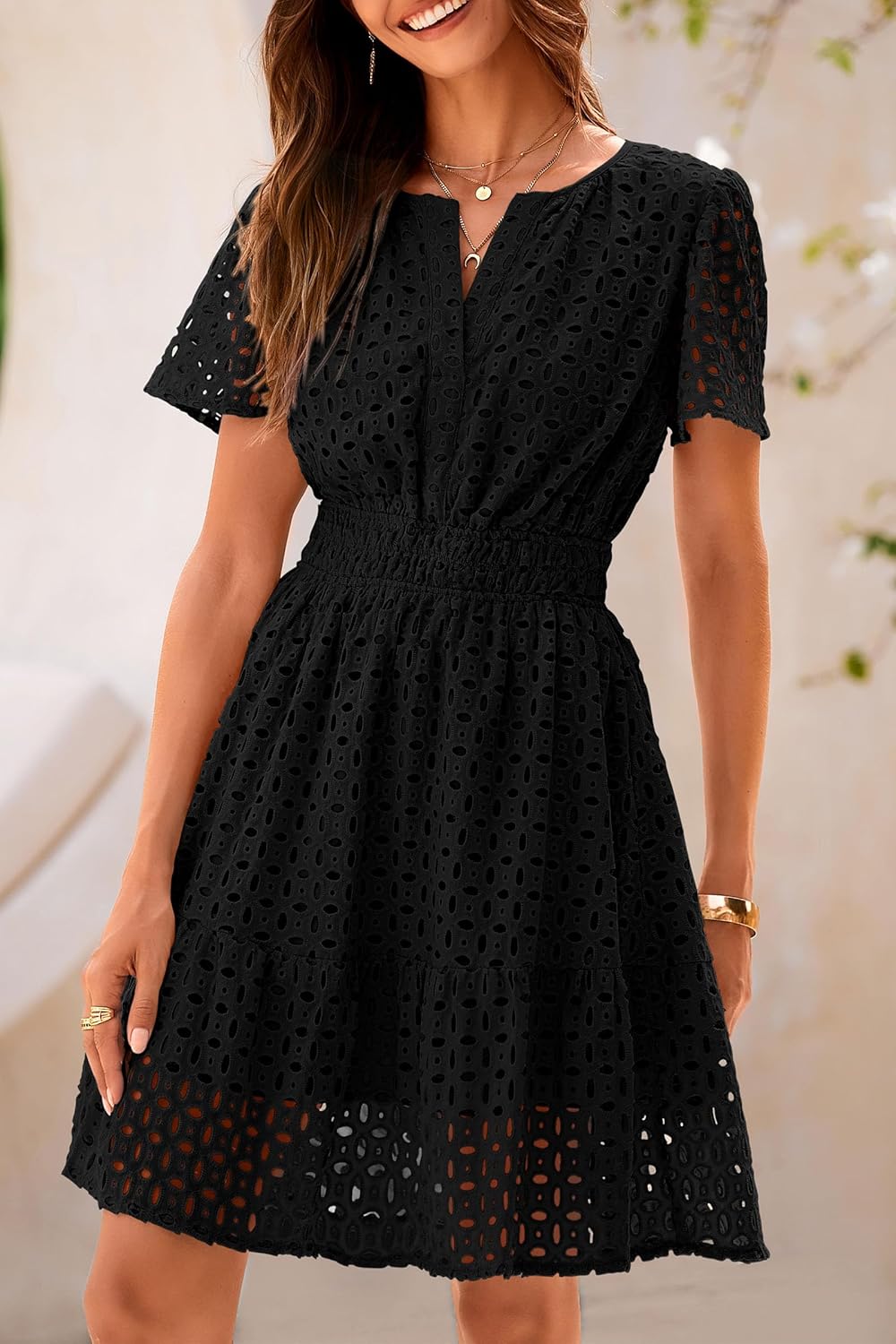 PRETTYGARDEN 2025 Women Summer Short Dress V Neck Short Sleeve A Line Hollow Out Lace Ruffle Cute Casual Beach Party Dresses