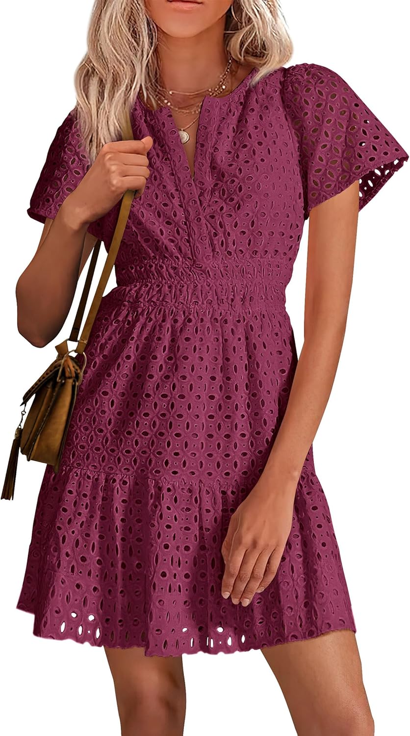 PRETTYGARDEN 2025 Women Summer Short Dress V Neck Short Sleeve A Line Hollow Out Lace Ruffle Cute Casual Beach Party Dresses