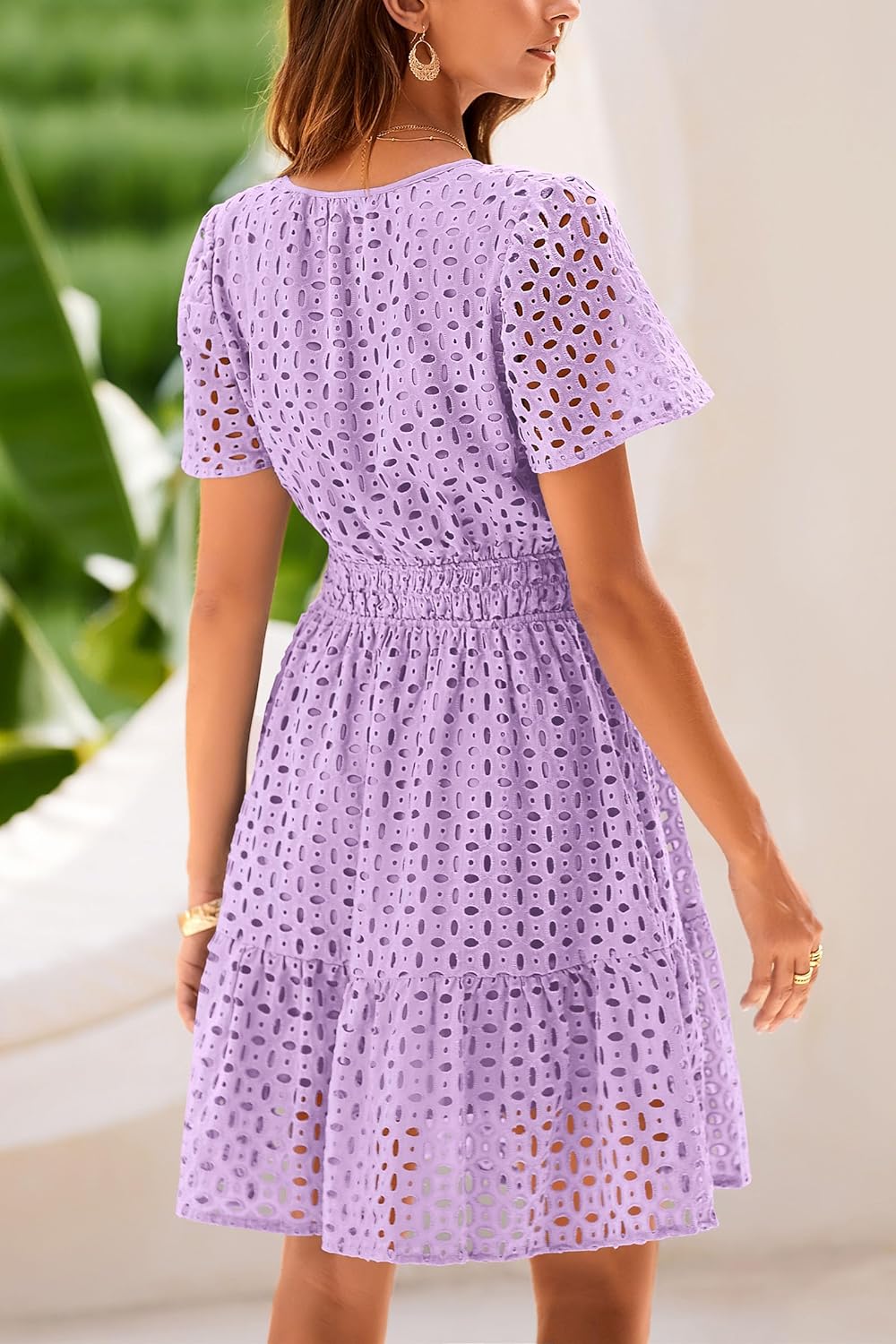 PRETTYGARDEN 2025 Women Summer Short Dress V Neck Short Sleeve A Line Hollow Out Lace Ruffle Cute Casual Beach Party Dresses