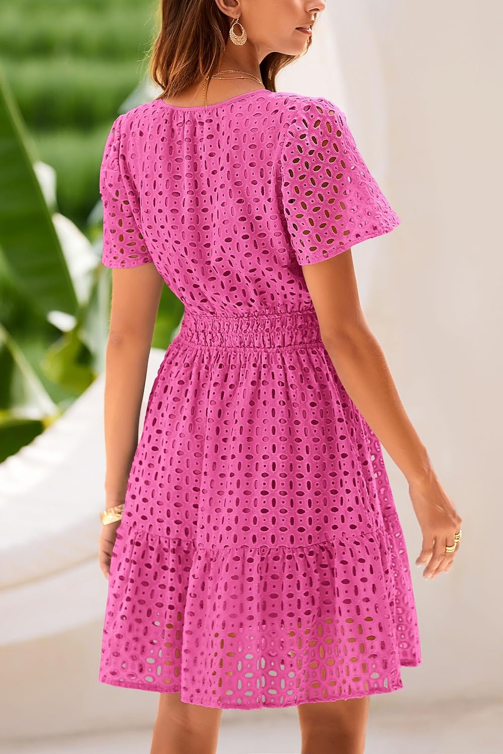 PRETTYGARDEN 2025 Women Summer Short Dress V Neck Short Sleeve A Line Hollow Out Lace Ruffle Cute Casual Beach Party Dresses