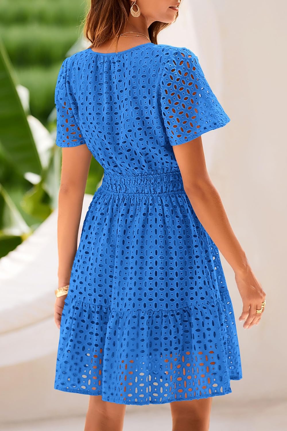 PRETTYGARDEN 2025 Women Summer Short Dress V Neck Short Sleeve A Line Hollow Out Lace Ruffle Cute Casual Beach Party Dresses