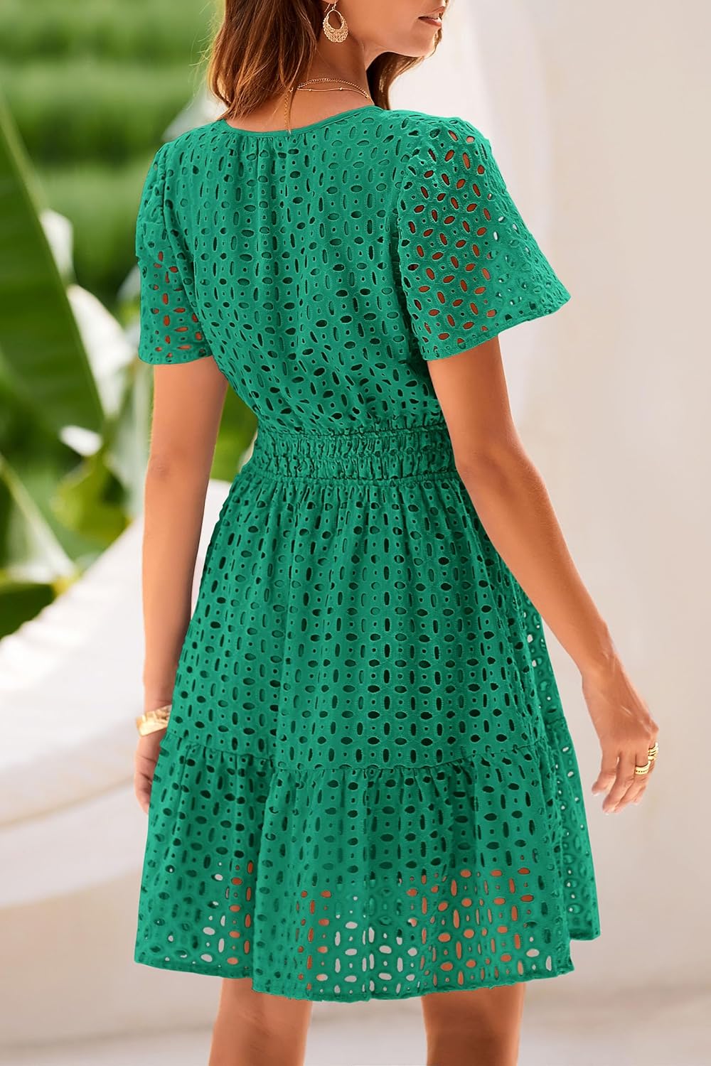 PRETTYGARDEN 2025 Women Summer Short Dress V Neck Short Sleeve A Line Hollow Out Lace Ruffle Cute Casual Beach Party Dresses