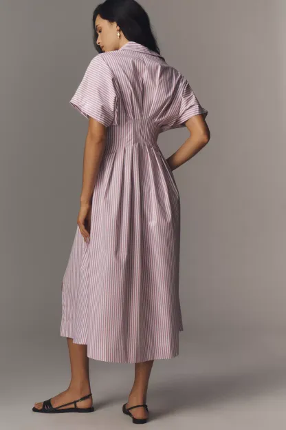 Button-Front Pleated Midi Shirt Dress (Buy 2 Free Shipping)