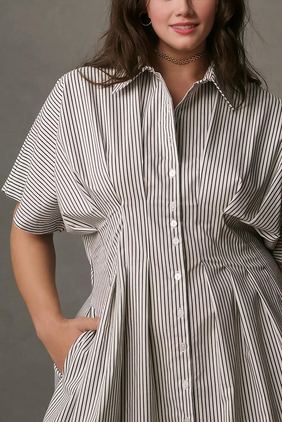 Button-Front Pleated Midi Shirt Dress (Buy 2 Free Shipping)