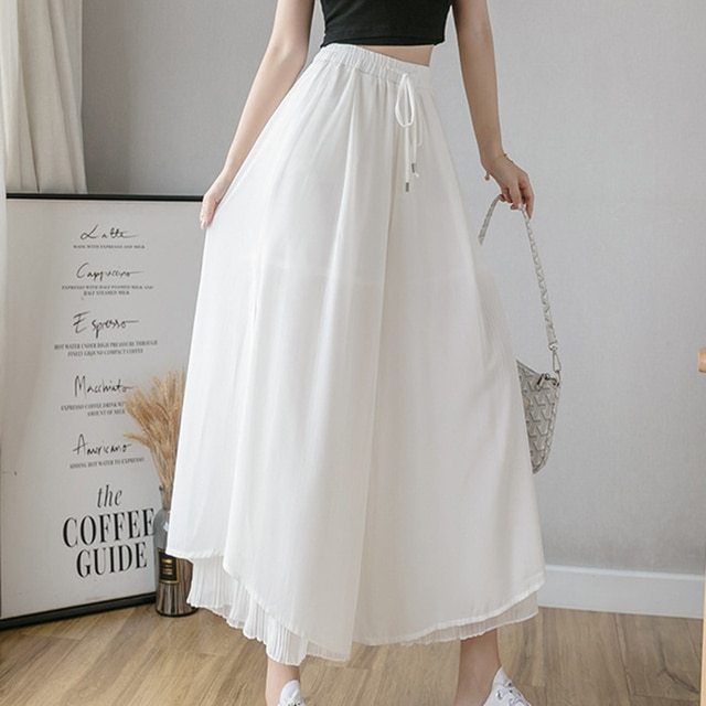 Elastic Wide Leg Pants Women Korean Fashion Chiffon Trousers Summer Casual Loose Pleated Pants Lady High Waist Street Skirt Pan