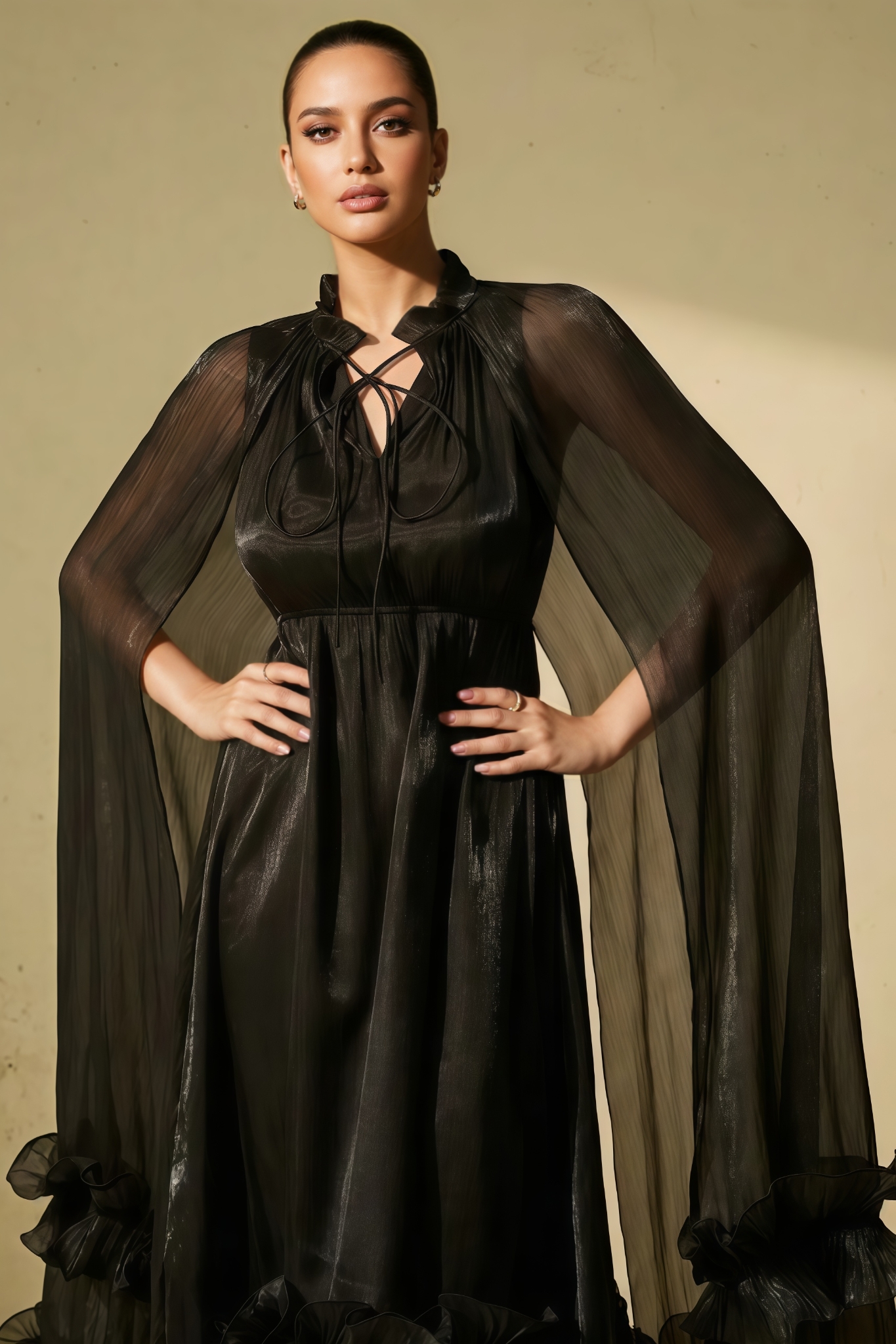 Wrend Black Cape Effect Ruffled Maxi Dress