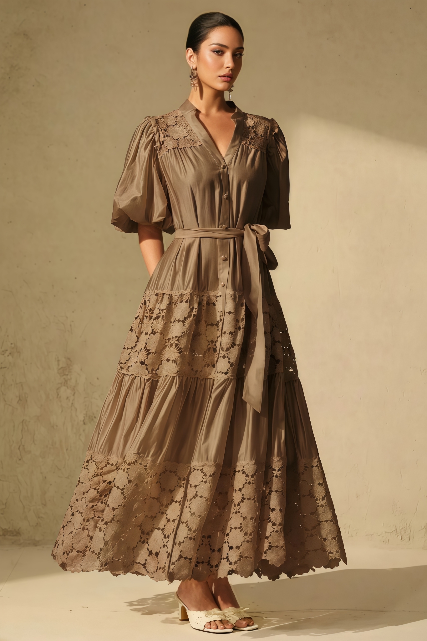 Kevily Khaki Puff Sleeve Floral Lace Maxi Dress