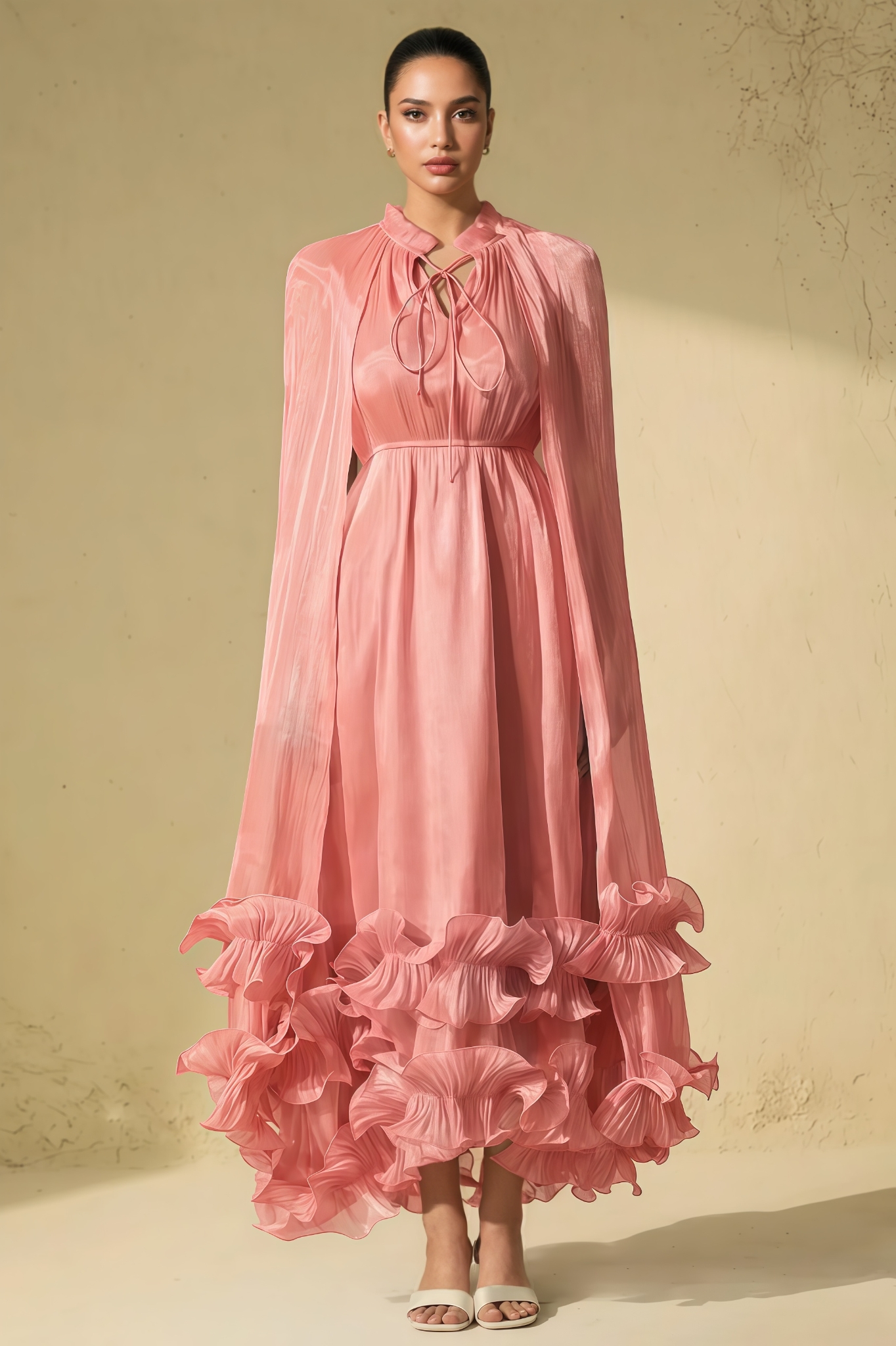Xerisk Pink Cape Effect Ruffled Maxi Dress