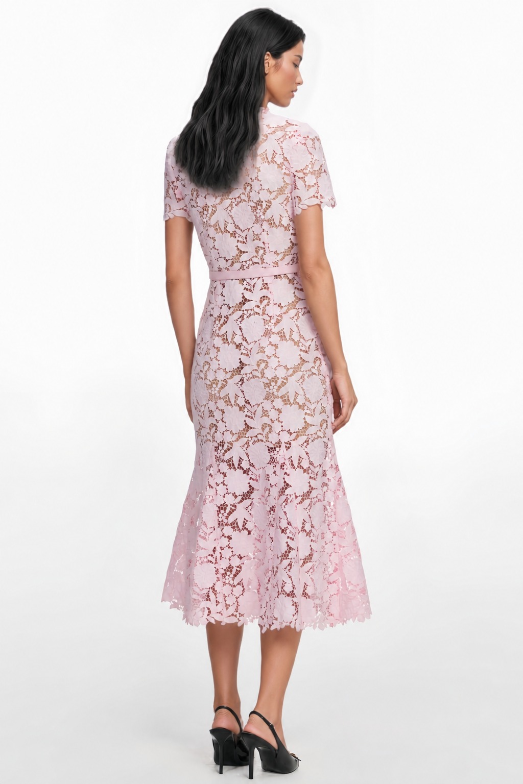 Keir Pink Short Sleeve Floral Lace Midi Dress