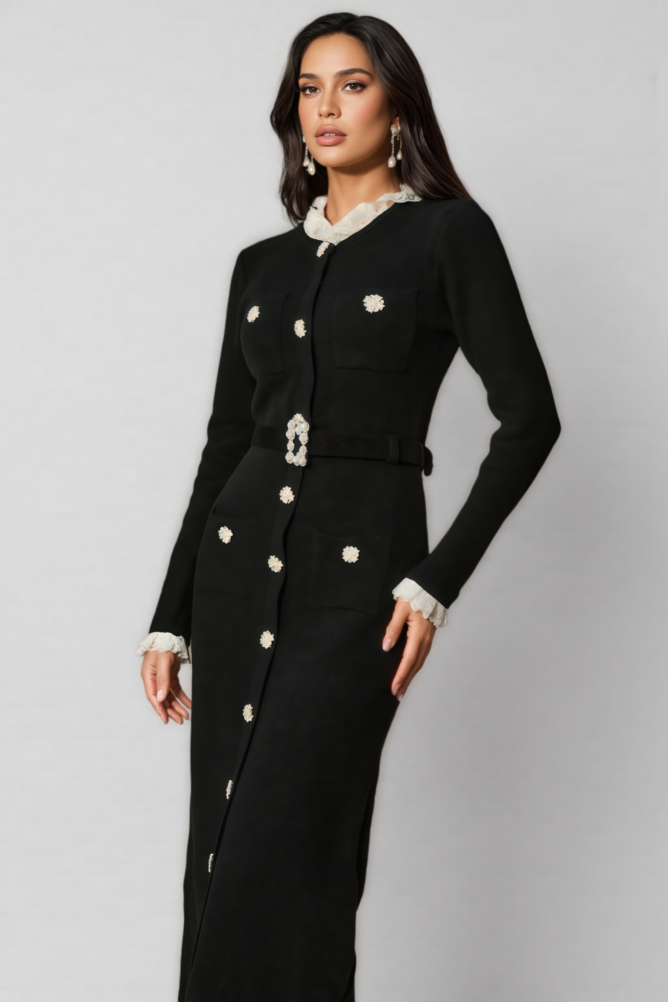 Shay Black Ruffle Trim Knit Midi Dress