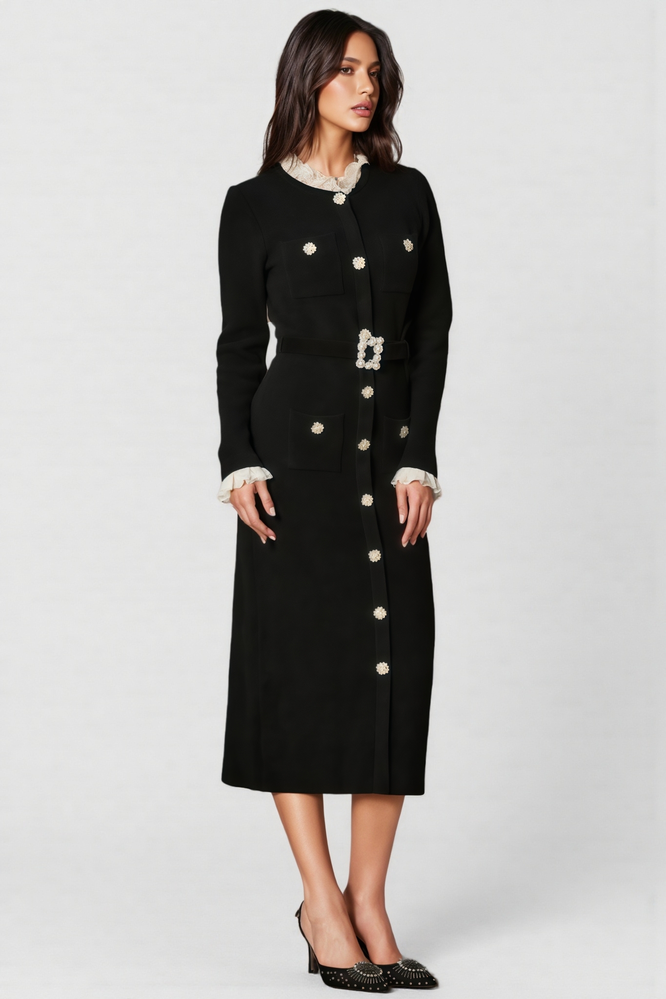 Shay Black Ruffle Trim Knit Midi Dress