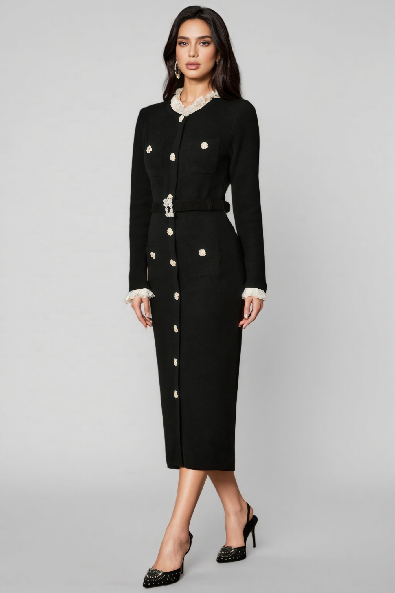 Shay Black Ruffle Trim Knit Midi Dress