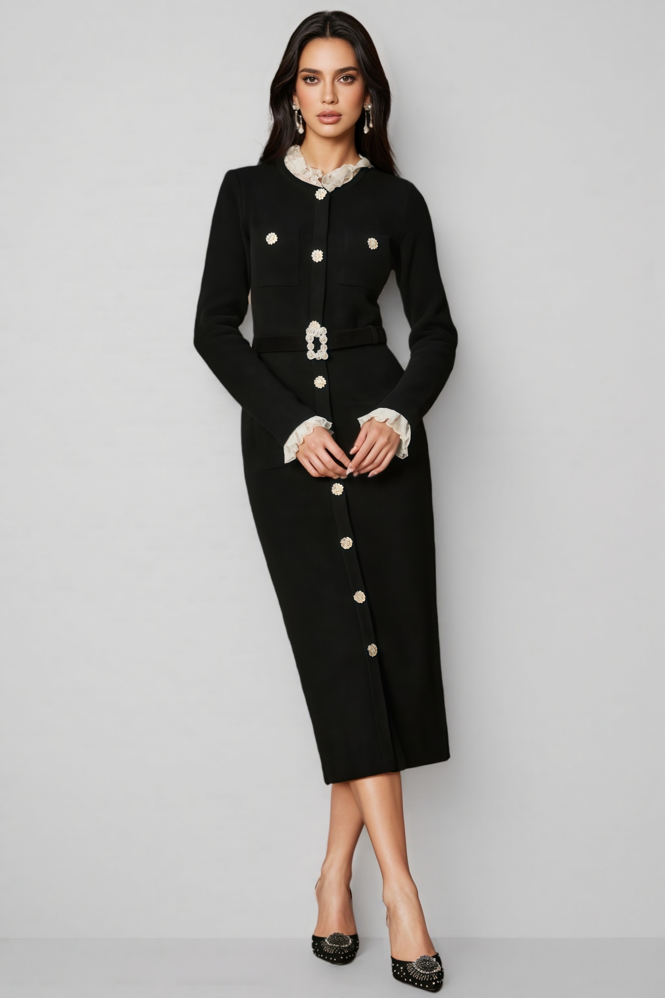 Shay Black Ruffle Trim Knit Midi Dress