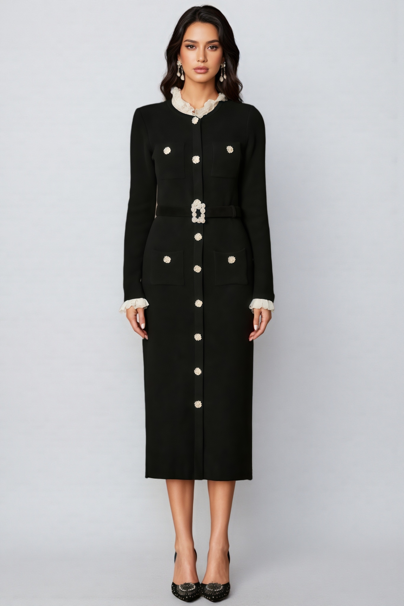 Shay Black Ruffle Trim Knit Midi Dress