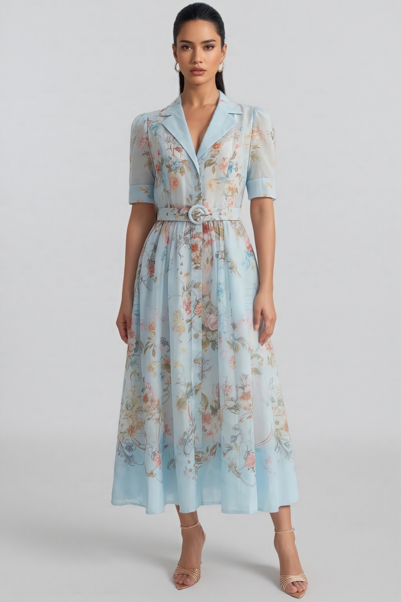 Uorin Blue Short Sleeve Floral Print Maxi Dress