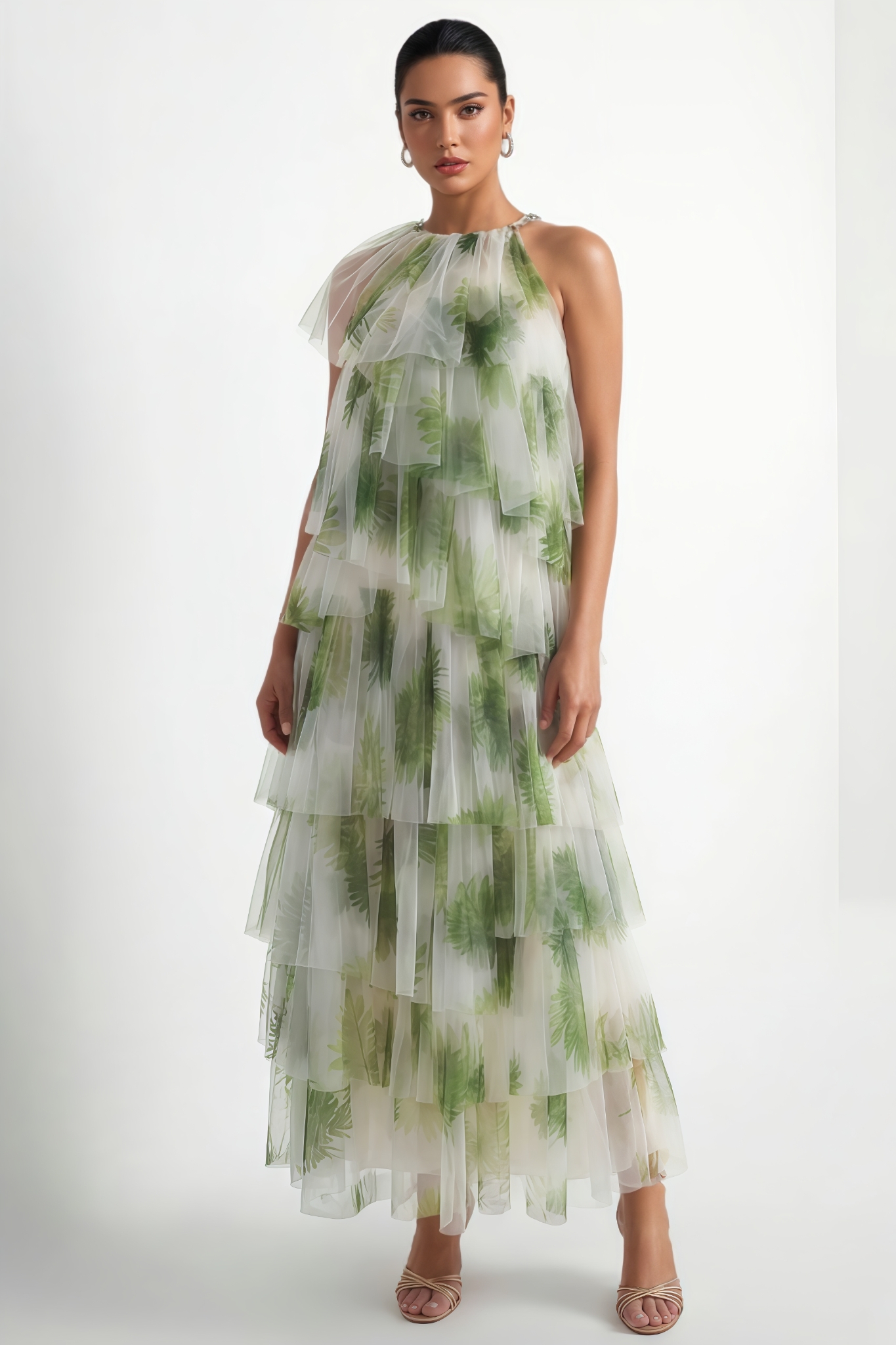 Lirvie Green Leaf Print Tiered Tulle Maxi Dress 