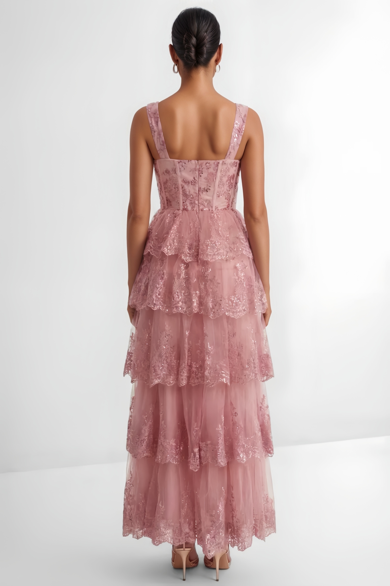 Hanoh Pink Lace Tiered Maxi Dress
