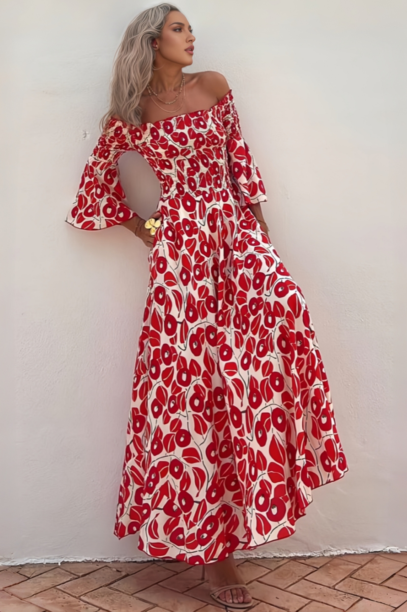 Elerie Floral Print Smocked Off Shoulder Maxi Dress