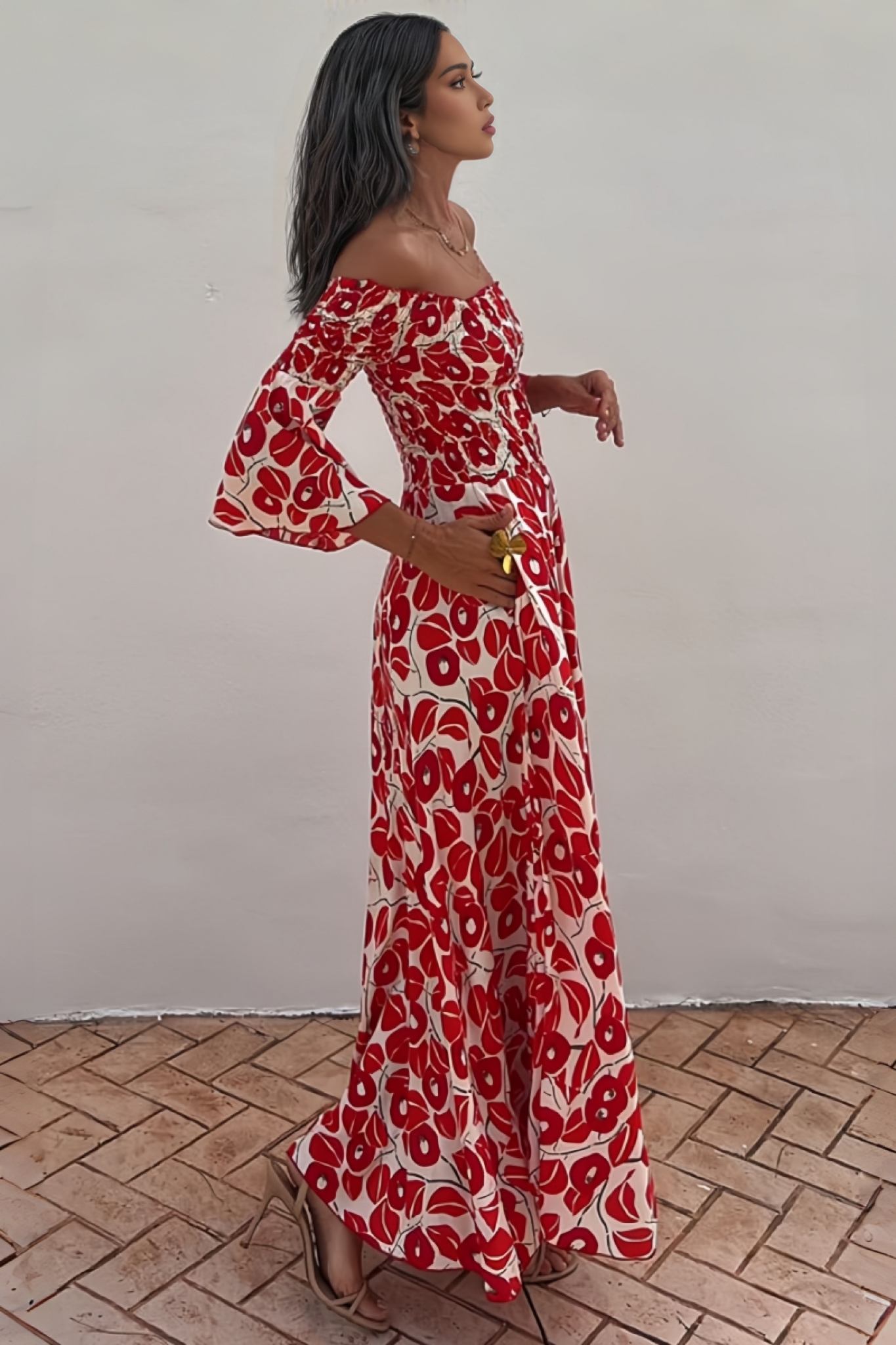 Elerie Floral Print Smocked Off Shoulder Maxi Dress
