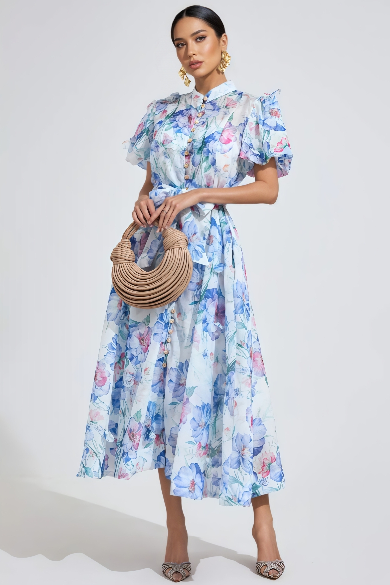 Baian Blue Short Sleeve Floral Midi Dress