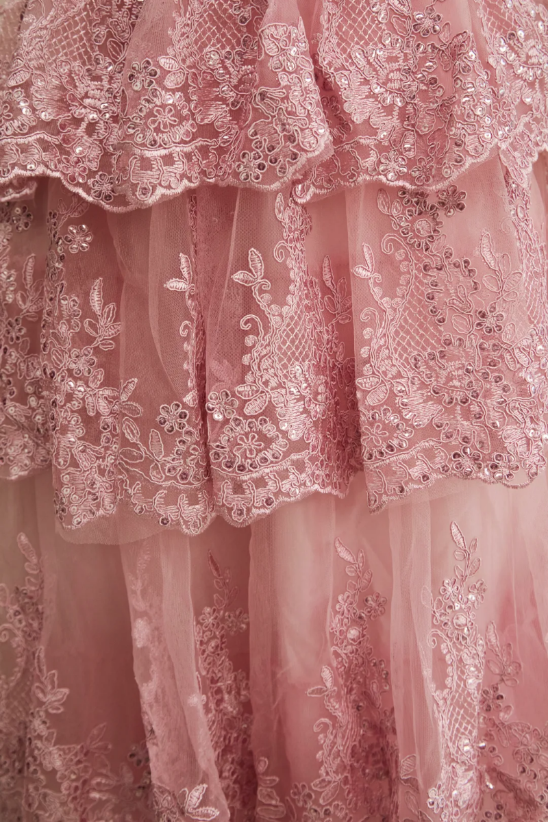Hanoh Pink Lace Tiered Maxi Dress
