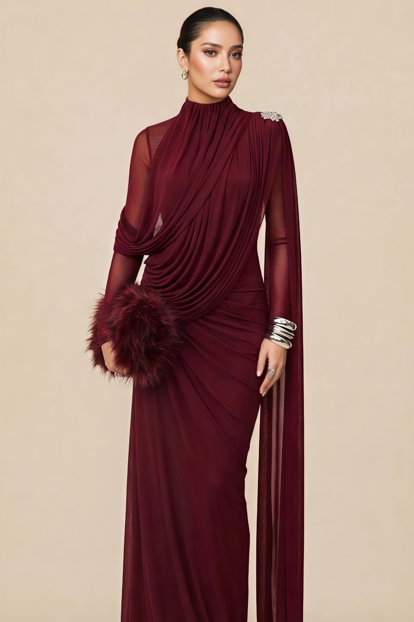 Meran Red Asymmetric Draped Cape Maxi Dress