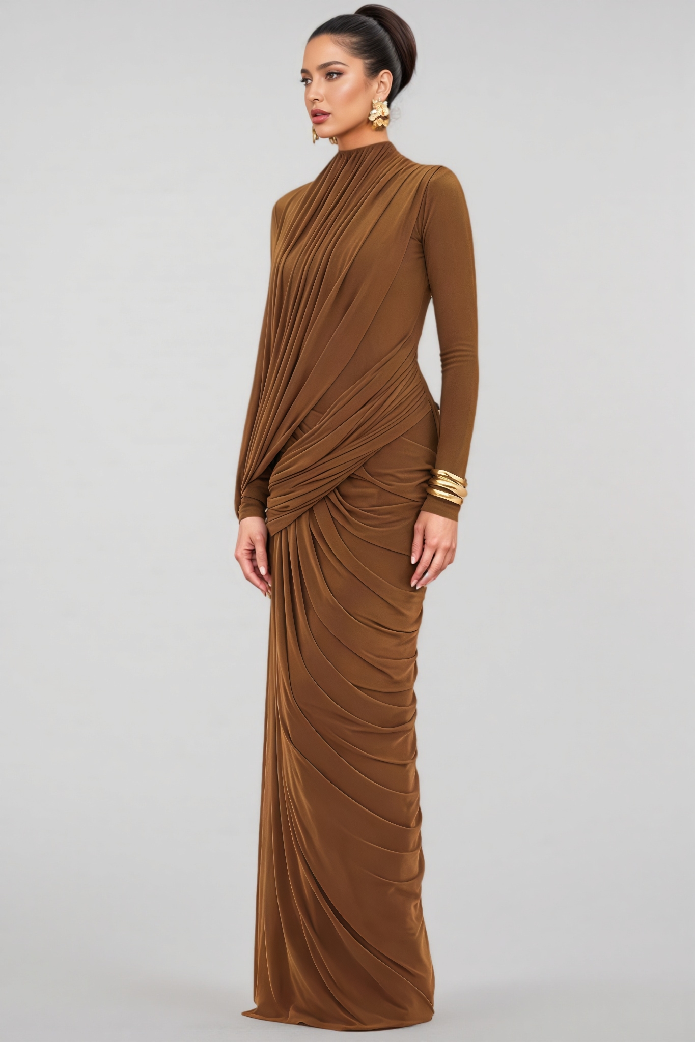 Finelly Brown High Neck Asymmetric Drape Maxi Dress