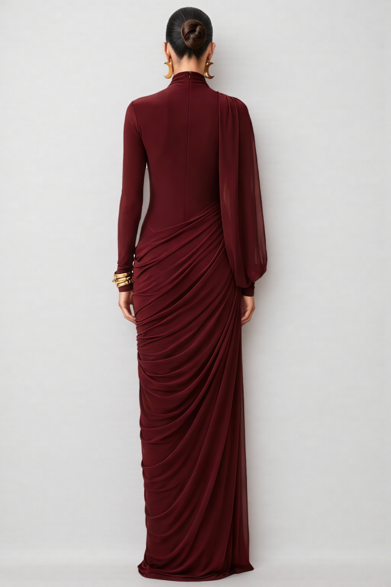 Garenrt Red High Neck Asymmetric Drape Maxi Dress