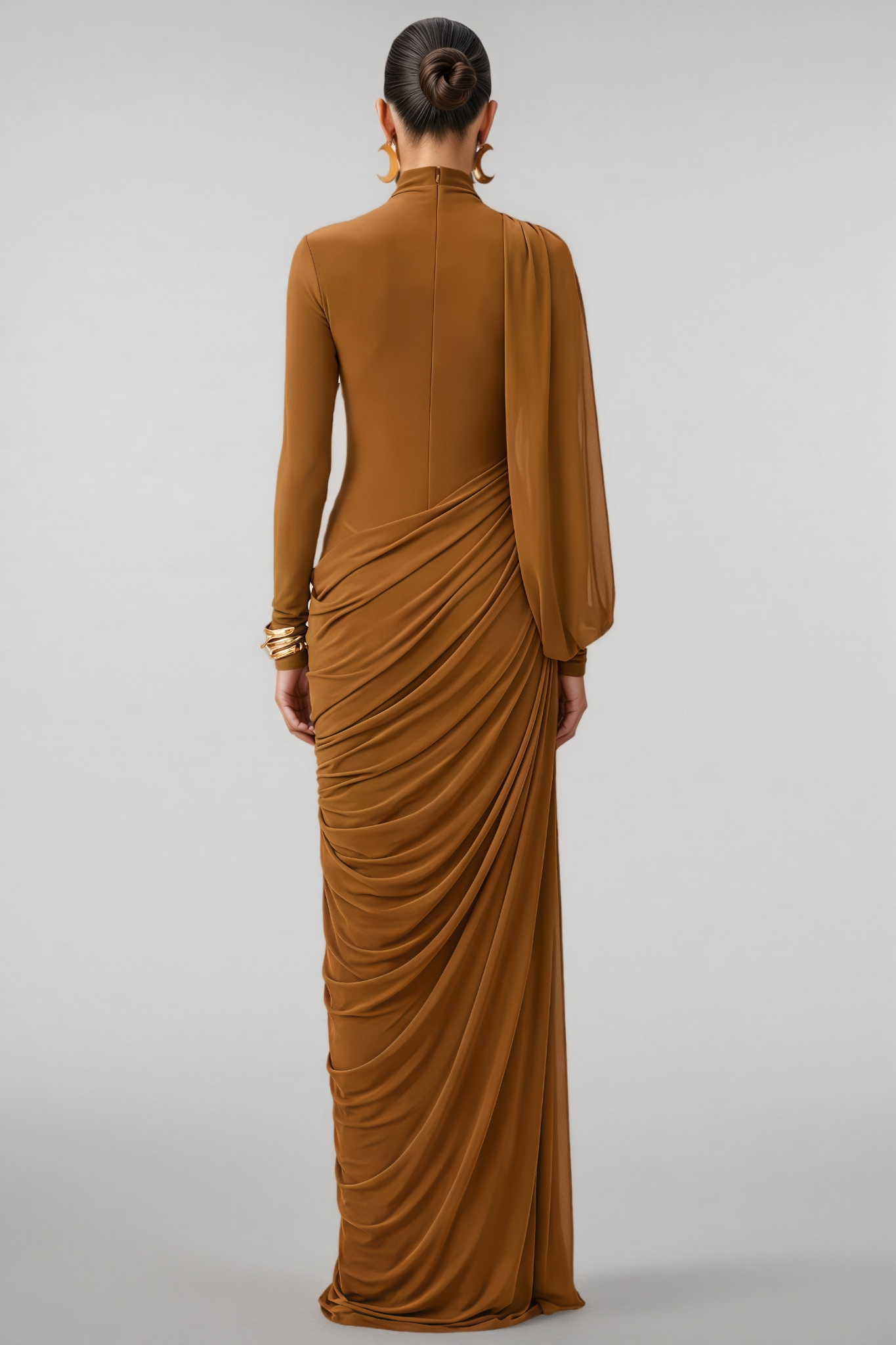Finelly Brown High Neck Asymmetric Drape Maxi Dress