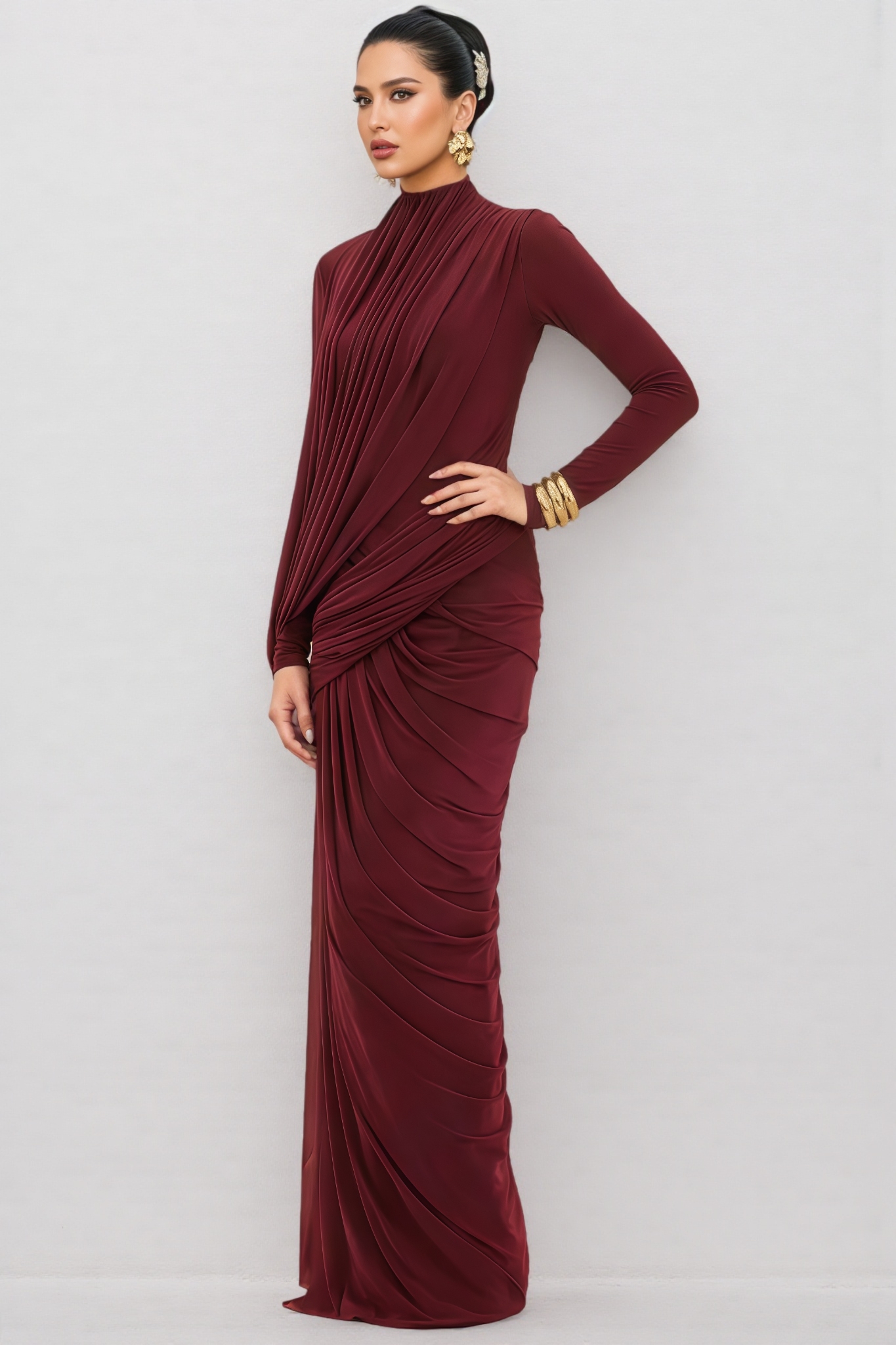 Garenrt Red High Neck Asymmetric Drape Maxi Dress