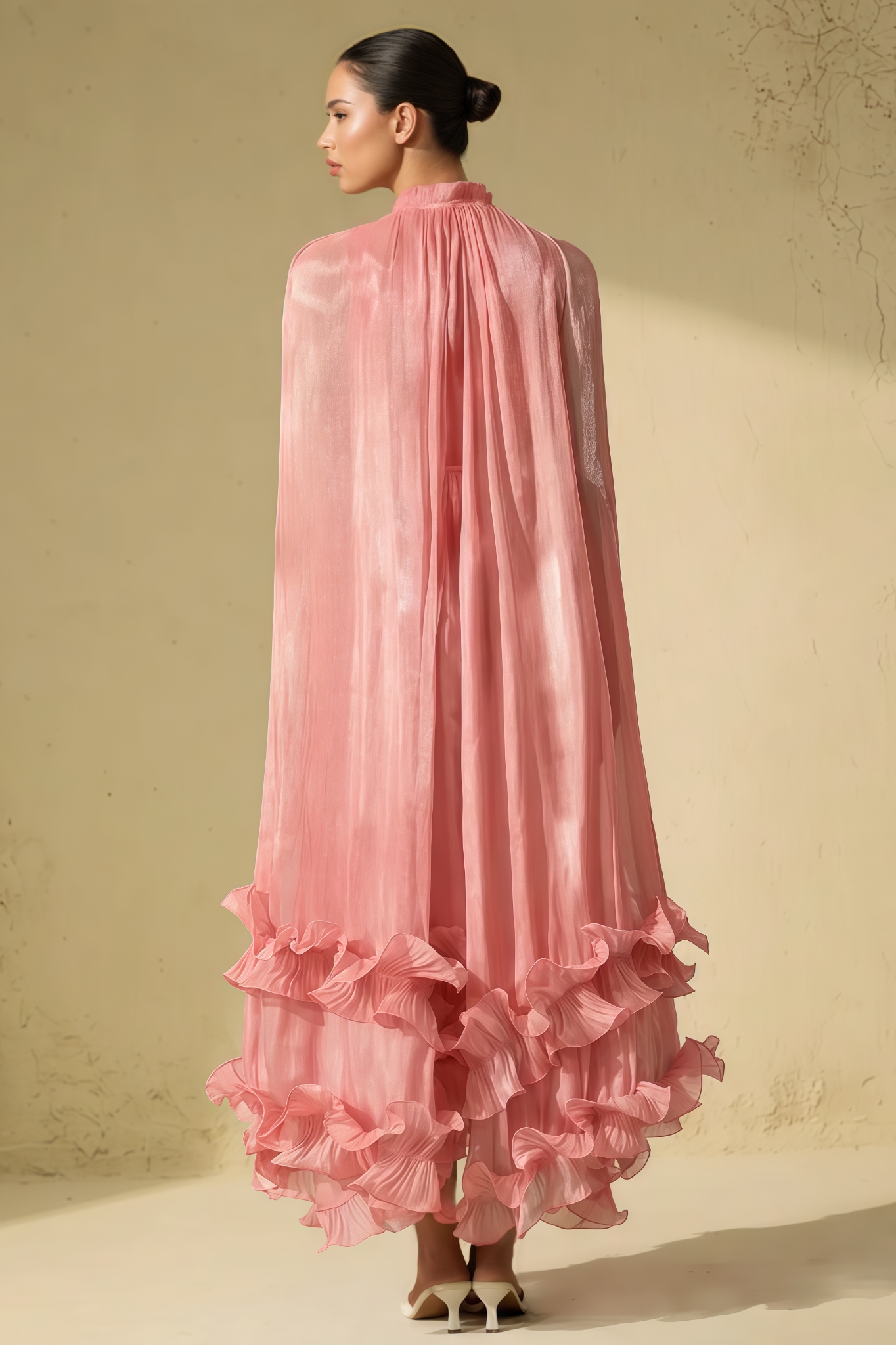 Xerisk Pink Cape Effect Ruffled Maxi Dress