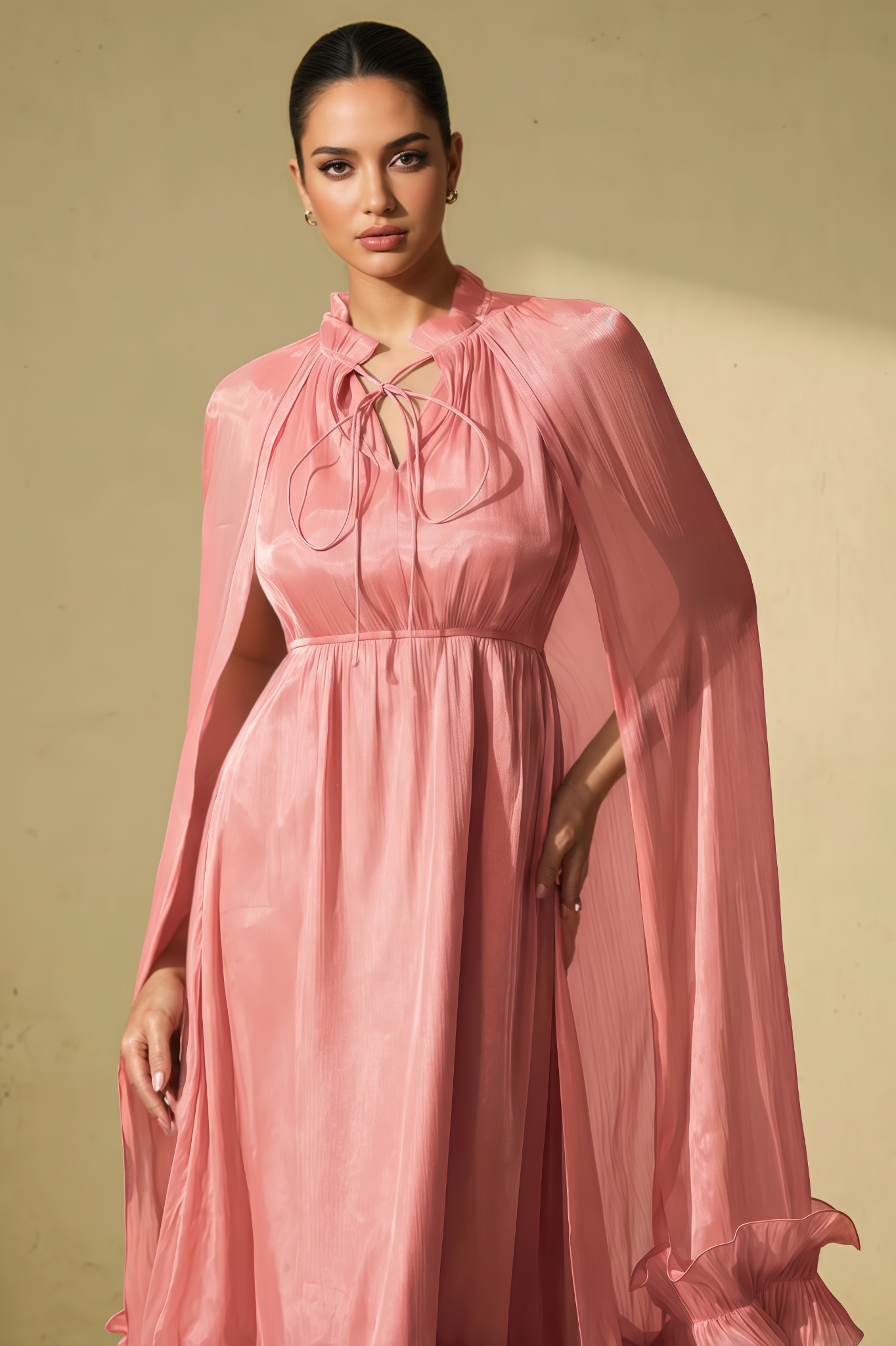 Xerisk Pink Cape Effect Ruffled Maxi Dress
