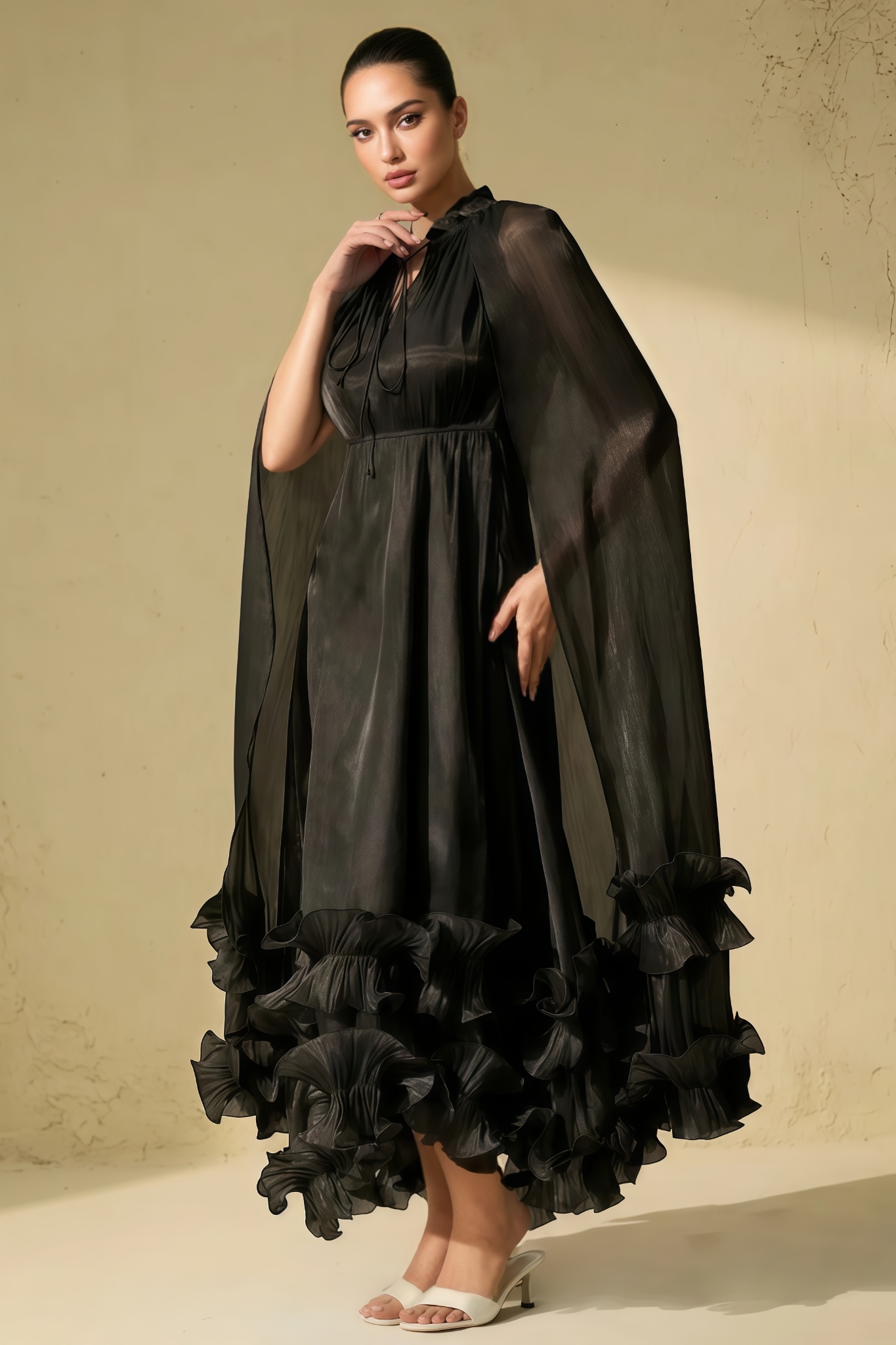 Wrend Black Cape Effect Ruffled Maxi Dress