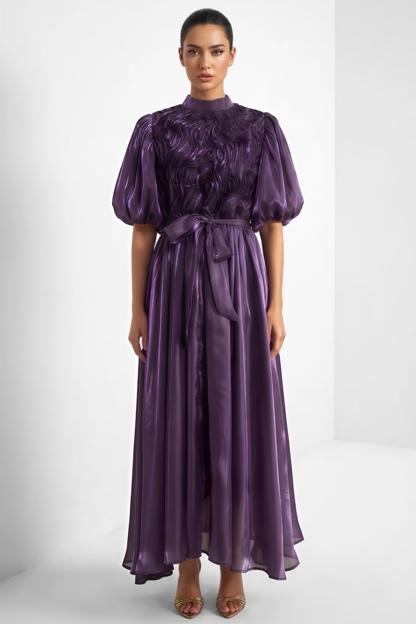 Mcelig Purple Ruffled Puff Sleeve Maxi Dress