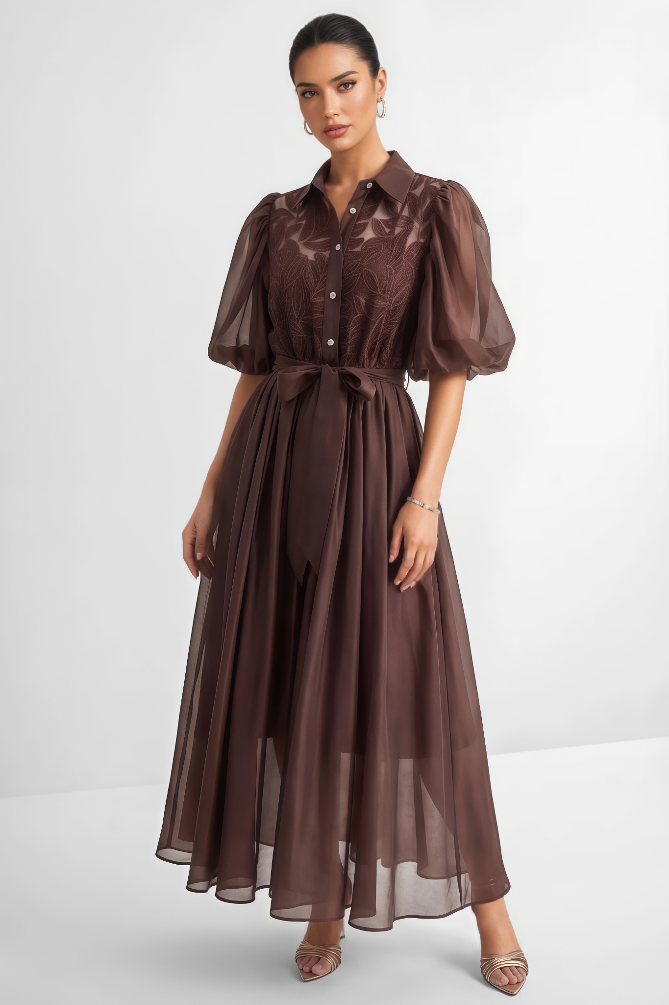 Luyrie Brown Leaf Embroidered Puff Sleeve Maxi Dress