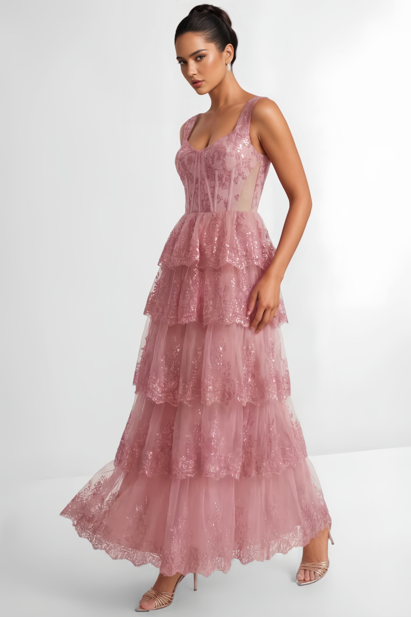 Hanoh Pink Lace Tiered Maxi Dress
