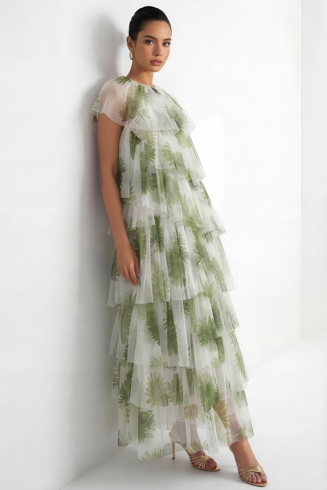 Lirvie Green Leaf Print Tiered Tulle Maxi Dress 