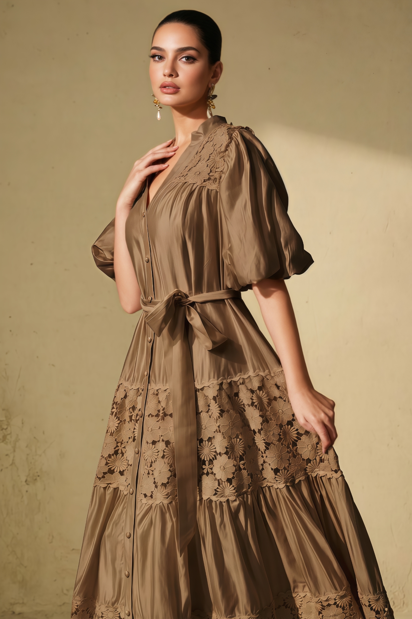 Kevily Khaki Puff Sleeve Floral Lace Maxi Dress