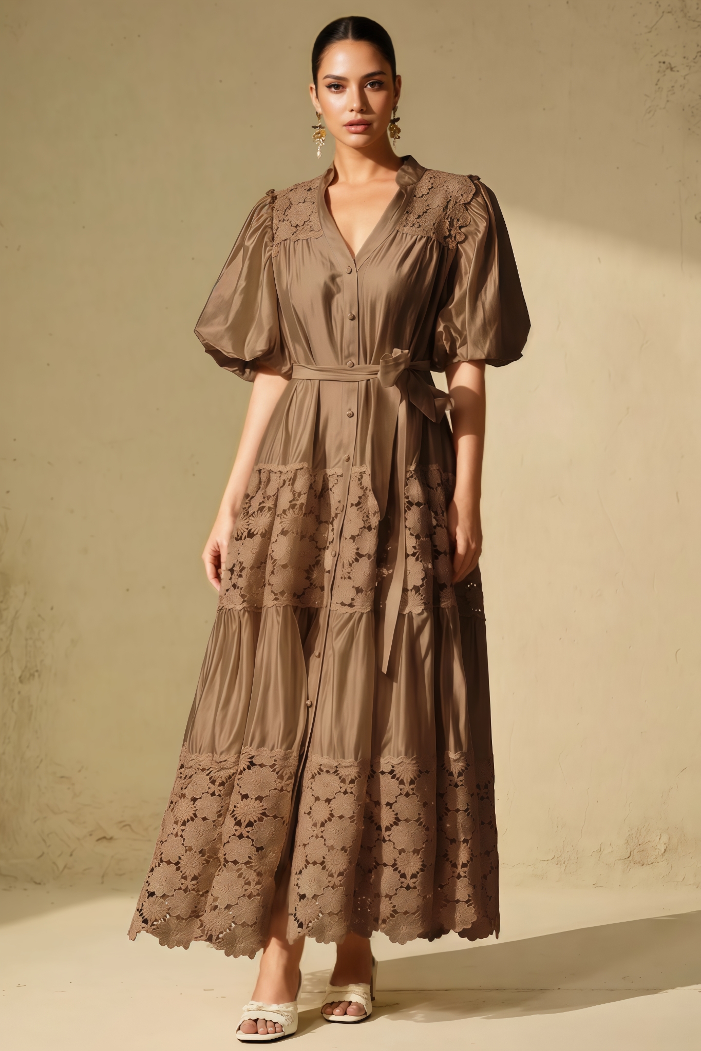 Kevily Khaki Puff Sleeve Floral Lace Maxi Dress