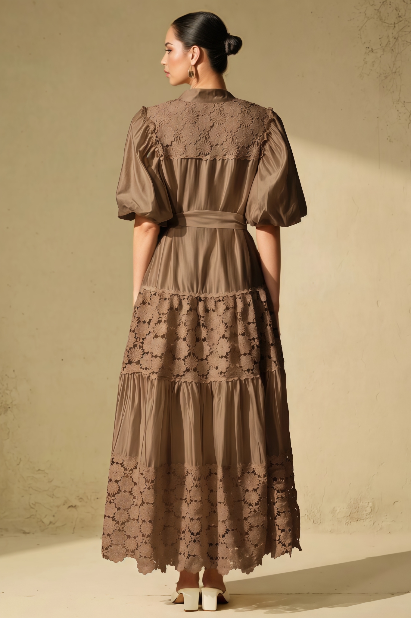 Kevily Khaki Puff Sleeve Floral Lace Maxi Dress