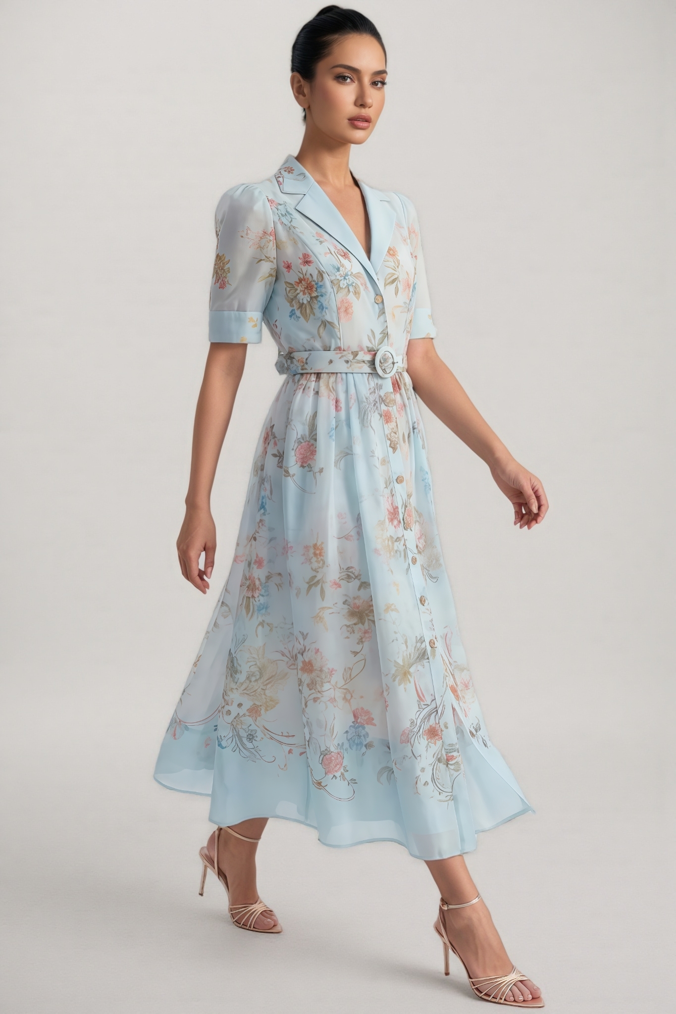 Uorin Blue Short Sleeve Floral Print Maxi Dress