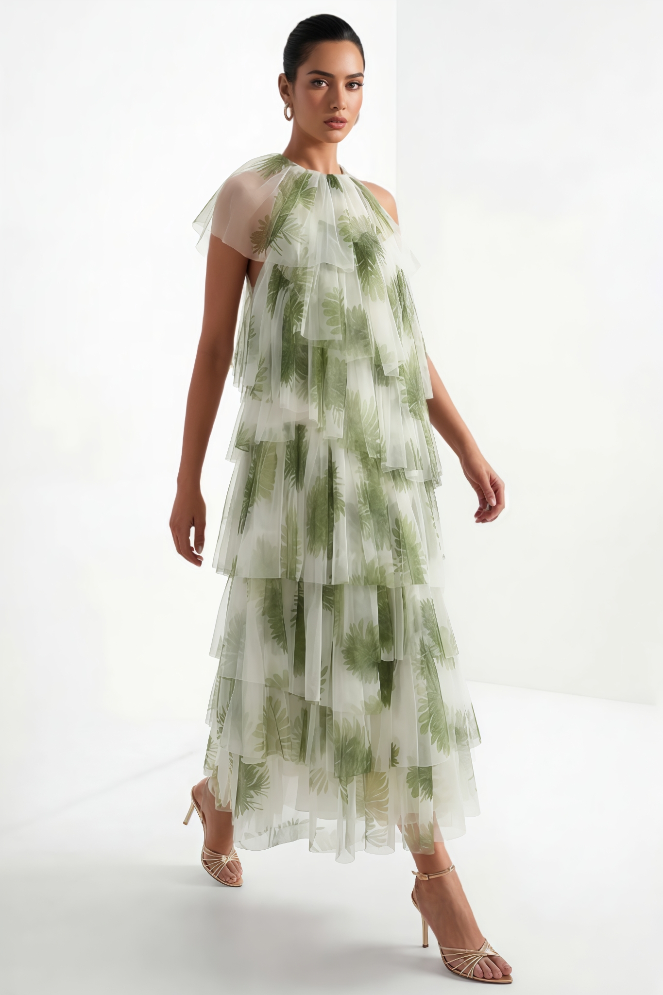 Lirvie Green Leaf Print Tiered Tulle Maxi Dress 