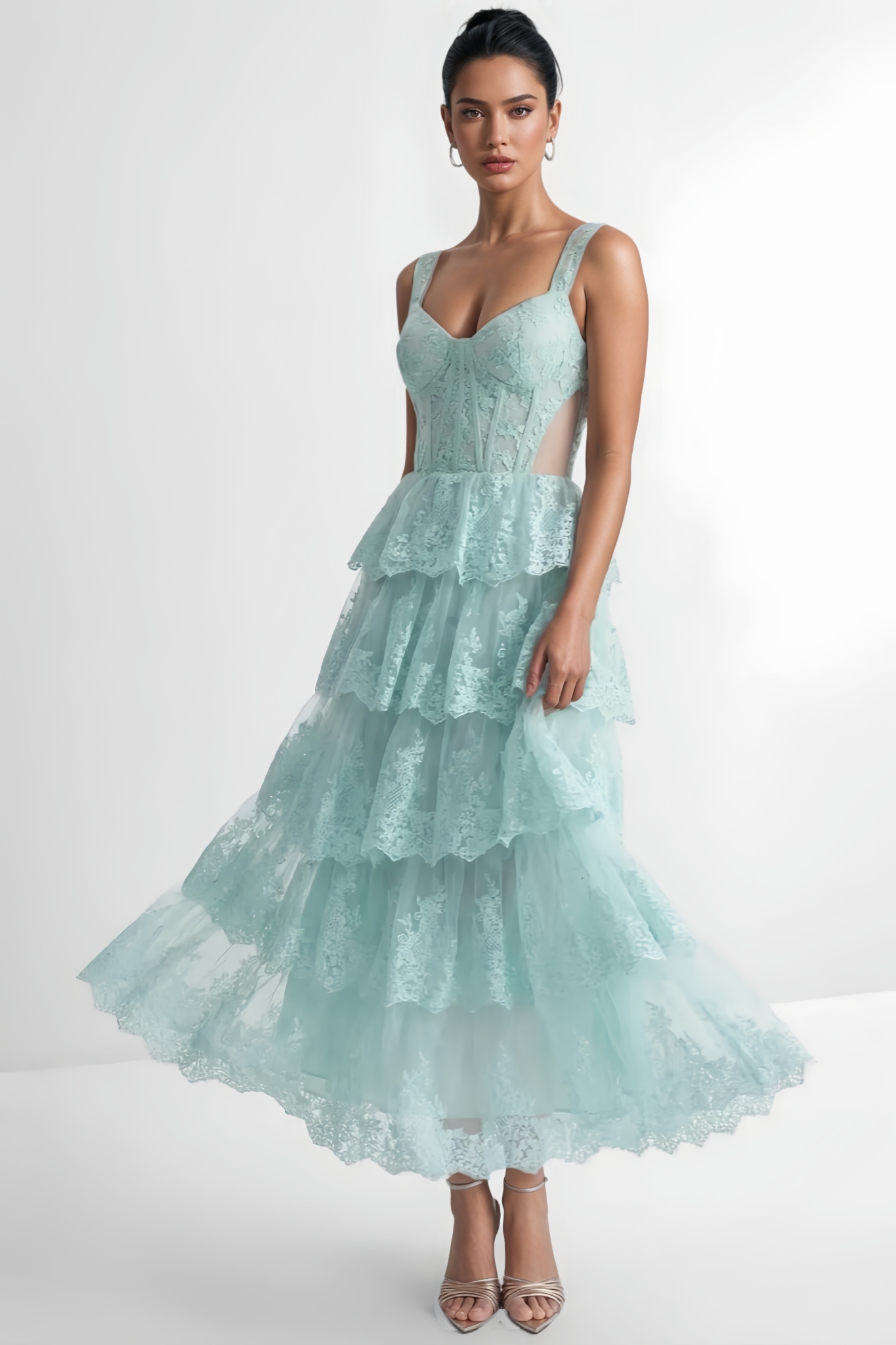 Jaydant Green Lace Tiered Maxi Dress