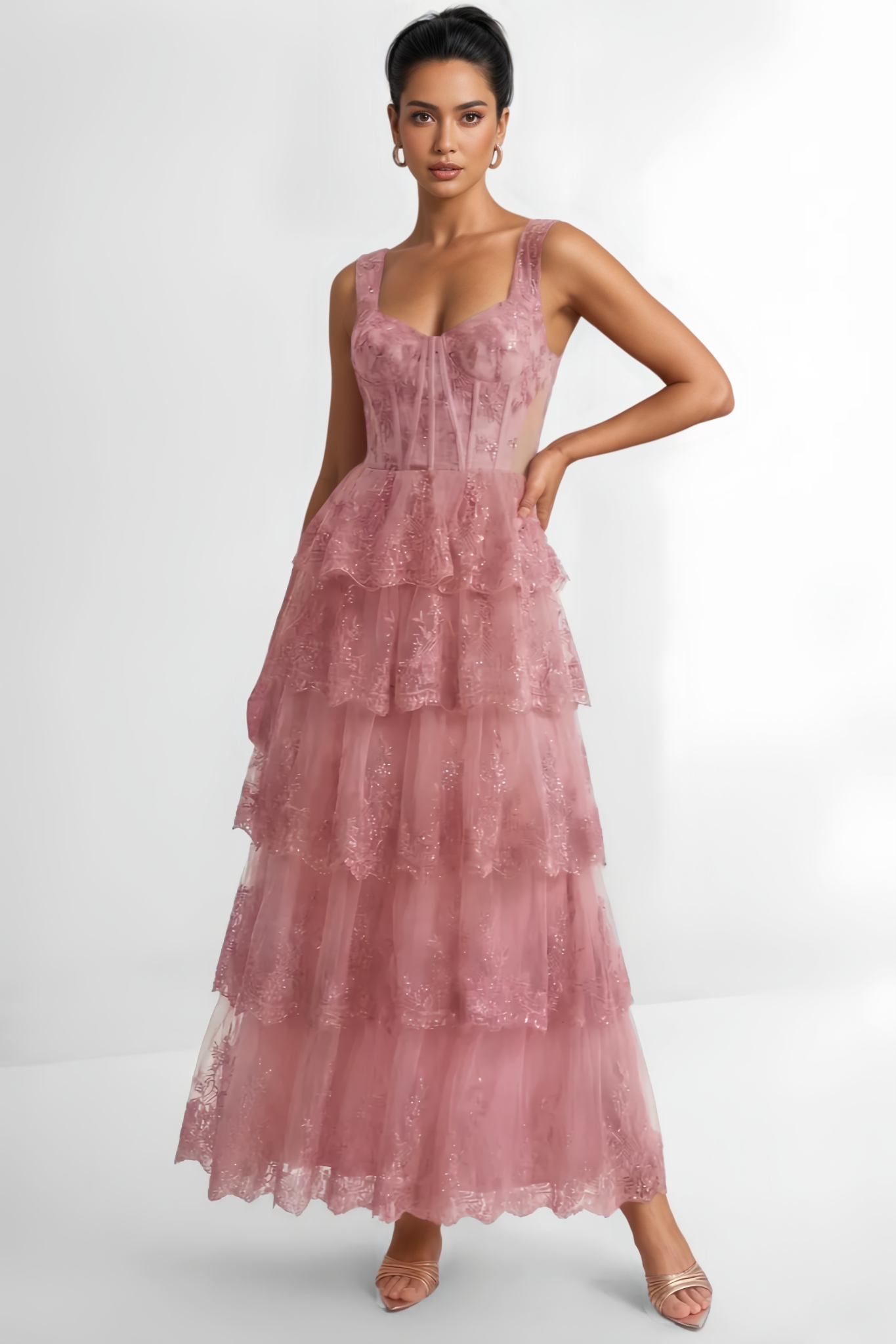 Hanoh Pink Lace Tiered Maxi Dress