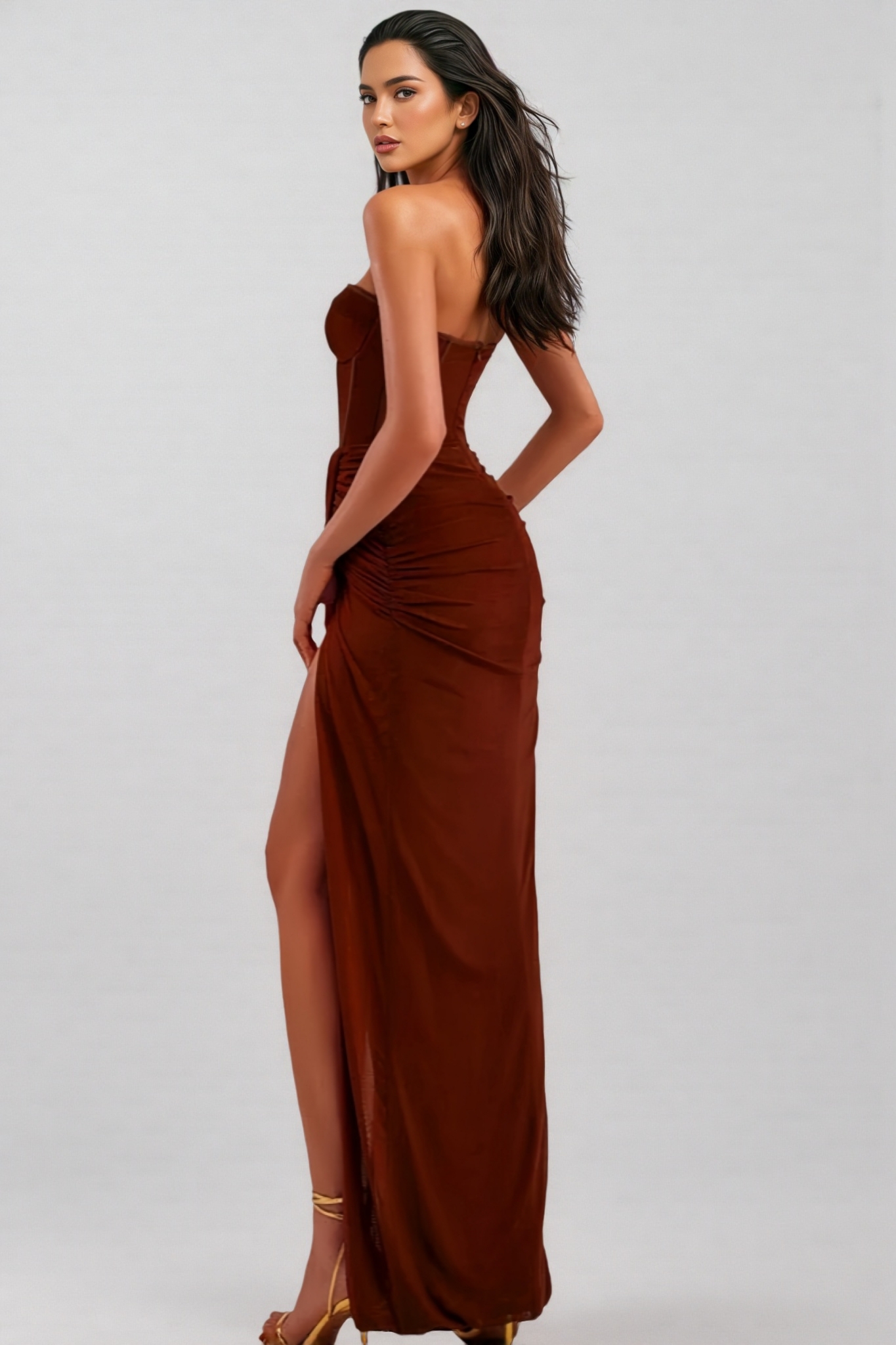 Zephyr Strapless Pleated Dress-Brown