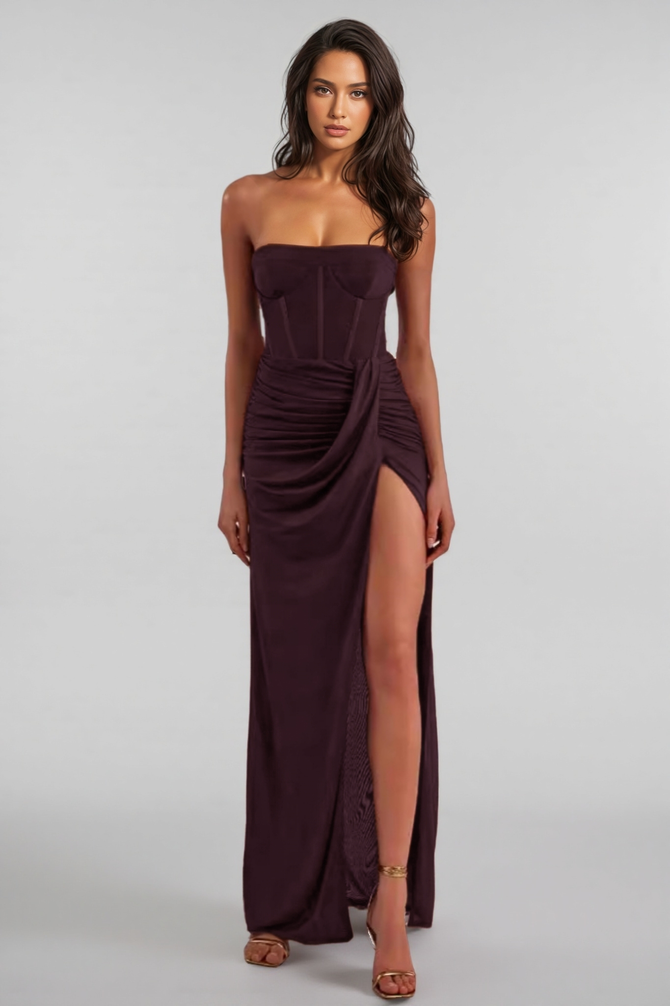 Zephyr Strapless Pleated Dress-Brown