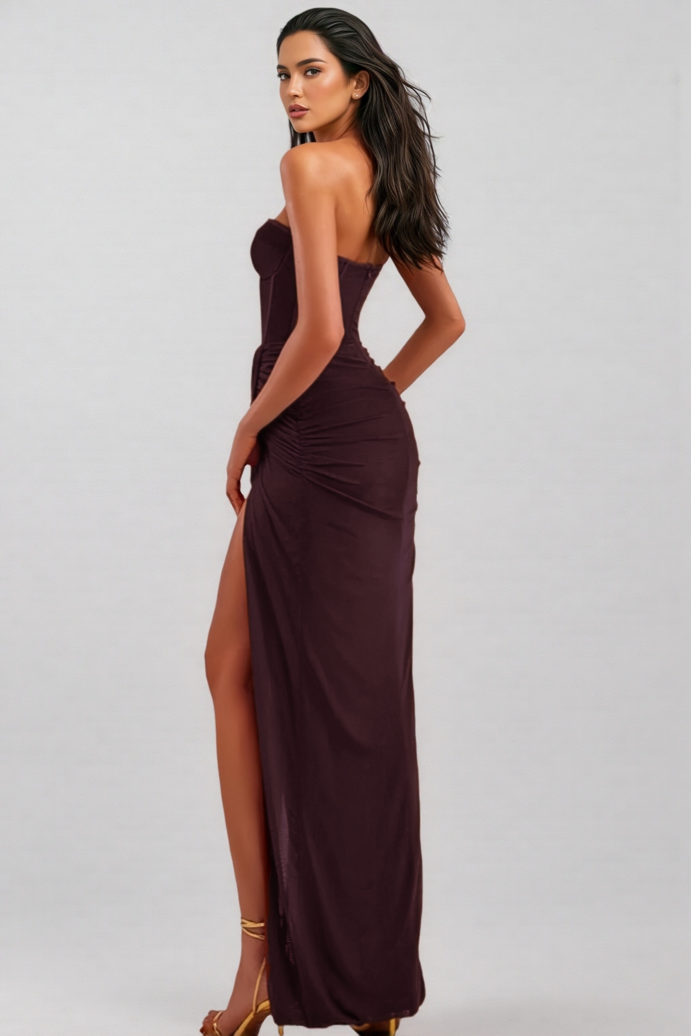 Zephyr Strapless Pleated Dress-Brown