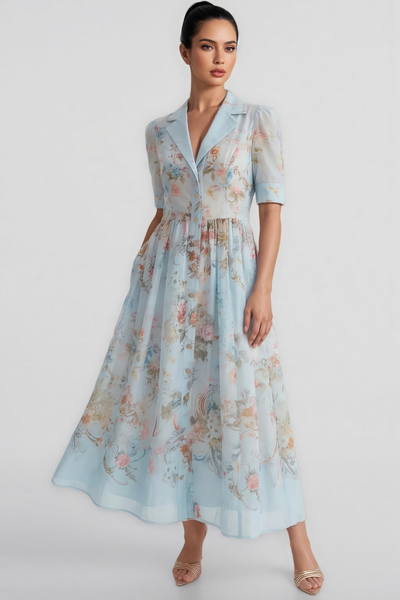 Uorin Blue Short Sleeve Floral Print Maxi Dress
